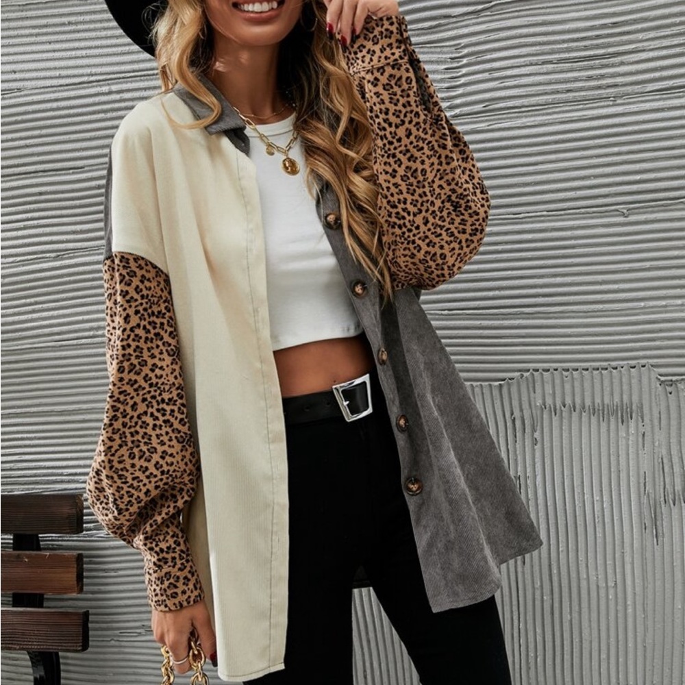 Cozy Corduroy  Oversized Relaxed fit Leopard Print Patch Work Button Down Shirt - Picture 13 of 16